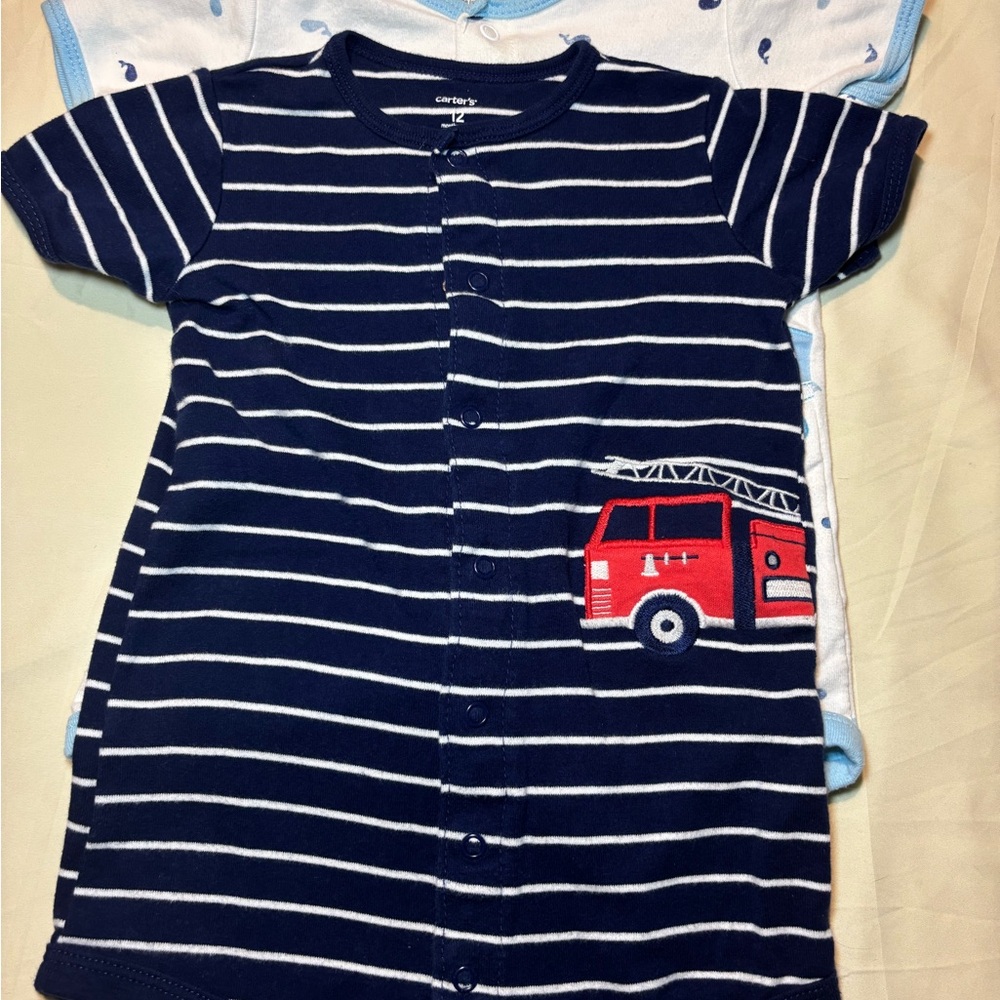 Carter's Navy and White Striped Onesie with Red Fire Truck